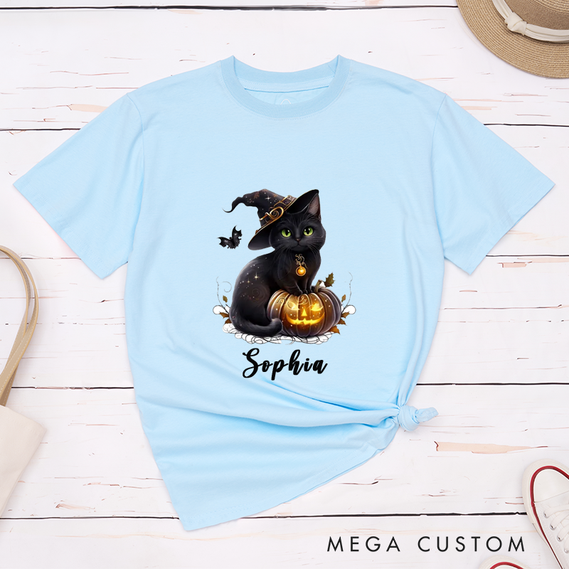 Personalized Halloween Black Cat Witch Hat Pumpkin Classic T-Shirts Custom Name Gift for Cat Lovers Women Men Unique Spooky Cute Pet Tee for Birthday