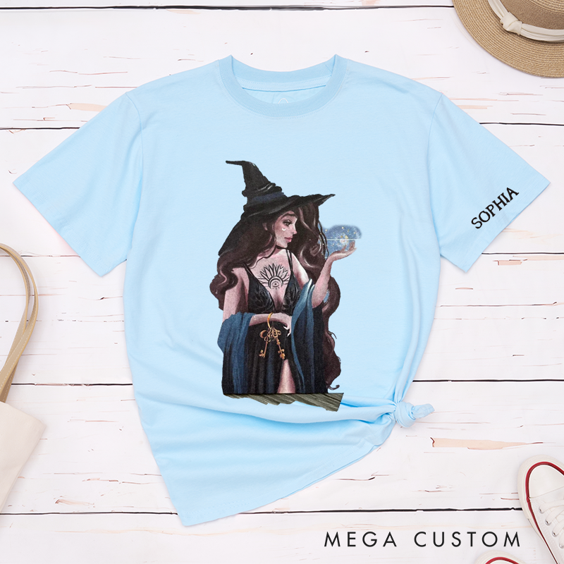 Personalized Witch T-Shirt Classic Unisex Custom Name Magic Sorceress Gift for Women and Men Unique Tarot Fortune Teller Halloween Birthday Present 