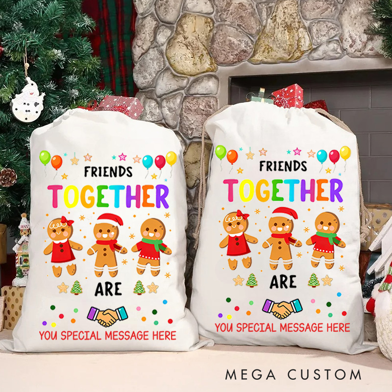 Personalized Gingerbread Friends Together Holiday Gift Sack Colorful Balloons Stars Friendship Joyful Festive Spirit Christmas Bag