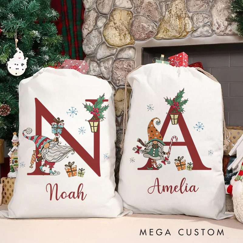 Personalized Cute Gnome Initial Letter Holiday Gift Sack Festive Custom Name Santa Style Joyful Holiday Magic Christmas Bag