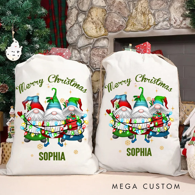 Personalized Cute Gnome Family Holding Christmas Lights Festive Custom Name Holiday Gift Sack Joyful Winter Celebration Christmas Bag