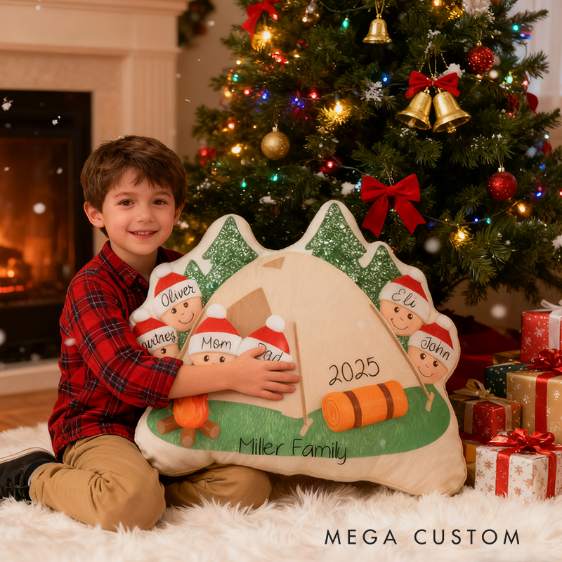 Personalized Camping Christmas Pillow Hiking Tent Camper Family Friend Gift for Her Him Kid Unique Stocking Stuffer Idea