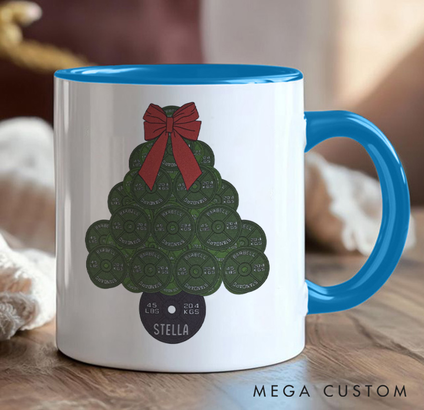 Personalized45lb Plate Christmas Tree Mug with Lifter Christmas Mug Gift Motivational Coffee Cup for Fitness Enthusiasts Bodybuilders and Gym Lovers