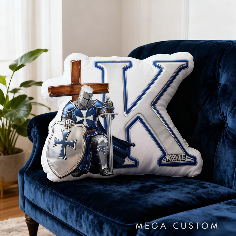 Personalized Knight of God Letter Pillow with Custom Name Home Decor Shield and Cross Graphic 3D Print Pillow Religious Christian Faith Gift