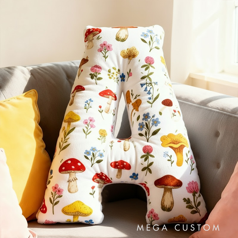 Personalized Cute Letter Pillow Whimsical Mushroom Flower Pillow for Kids Family Gardening Lover Gift