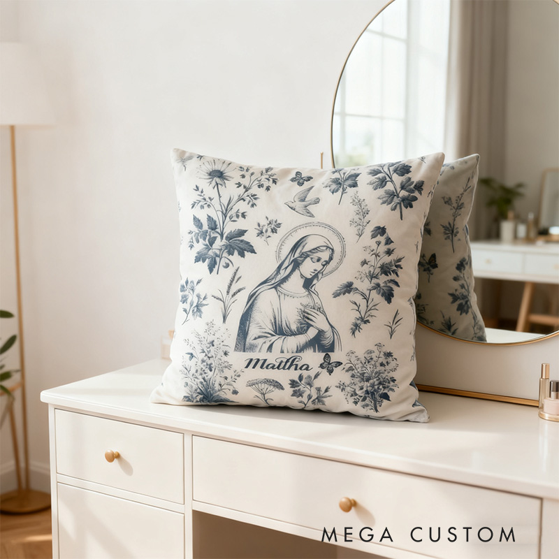 Personalized Catholic Virgin Mary Toile Throw Pillow Cover with Name Home Decor Our Lady Vintage Floral Catholic Throw Pillow Christian Gift for Women
