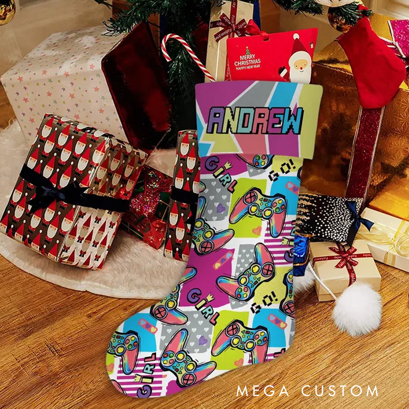 Personalized Custom Gamer Christmas Stocking for Teen Kid Gaming 2 Side Christmas Stocking Video Game Lover Gift Gaming Controller Xmas Gift for Game Lover