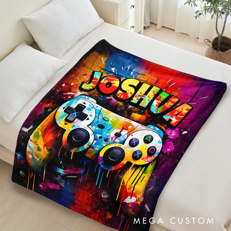 Personalised Custom Gaming Blanket with Name Blanket Kids Blanket Gamepad Blanket for Him Geek Lover