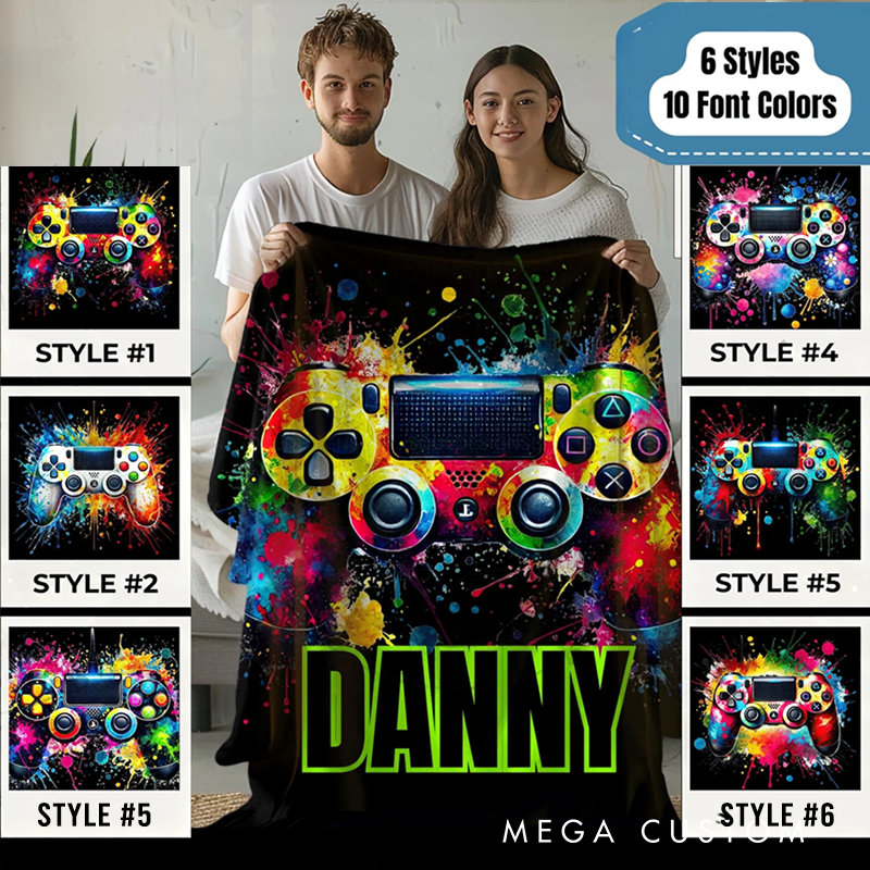 Personalized Gamer Blanket Custom Name Gaming Controller Throw for Kids Gift for Game Geek Lover