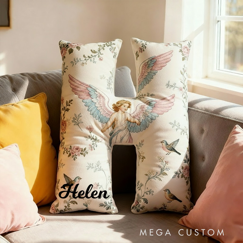 Personalized Letter Pillow Graphic 3D Print Angle Wings Custom Name Design Pillow for Family Gift