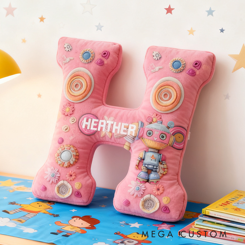 Personalized Watercolor Robot Alphabet Pillow Customized Fun kid Pillows 
