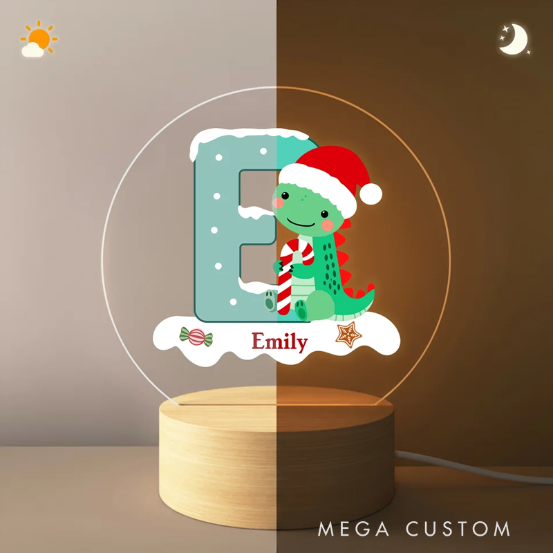 Personalized Santa Hat Dinosaur Initial LED Night Light with Name and Wooden Base Home Decor Christmas Gift for Kids