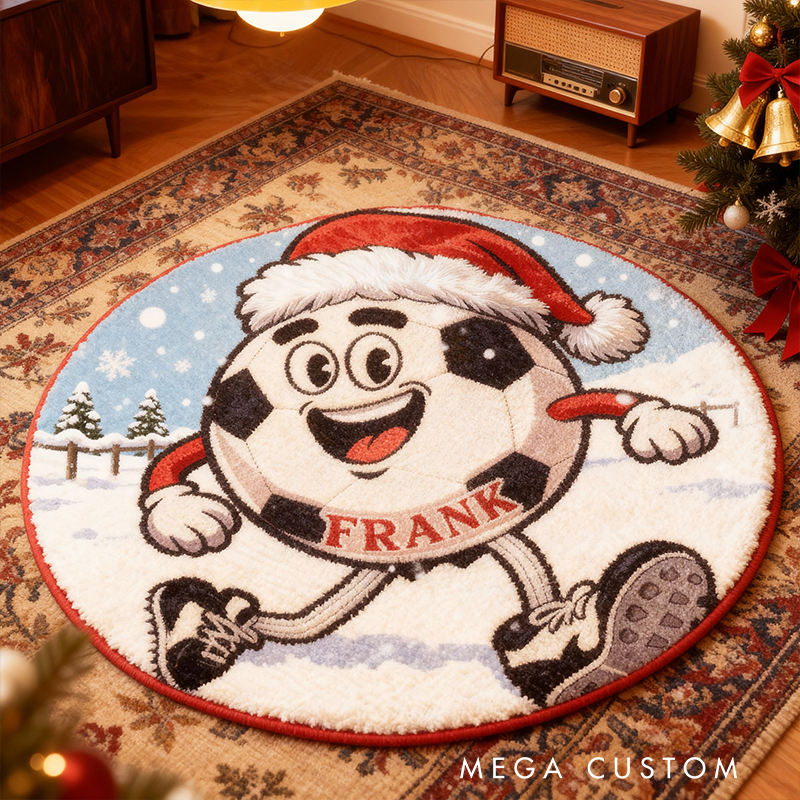 Personalized Christmas Soccer Rug with Custom Name and Festive Design
