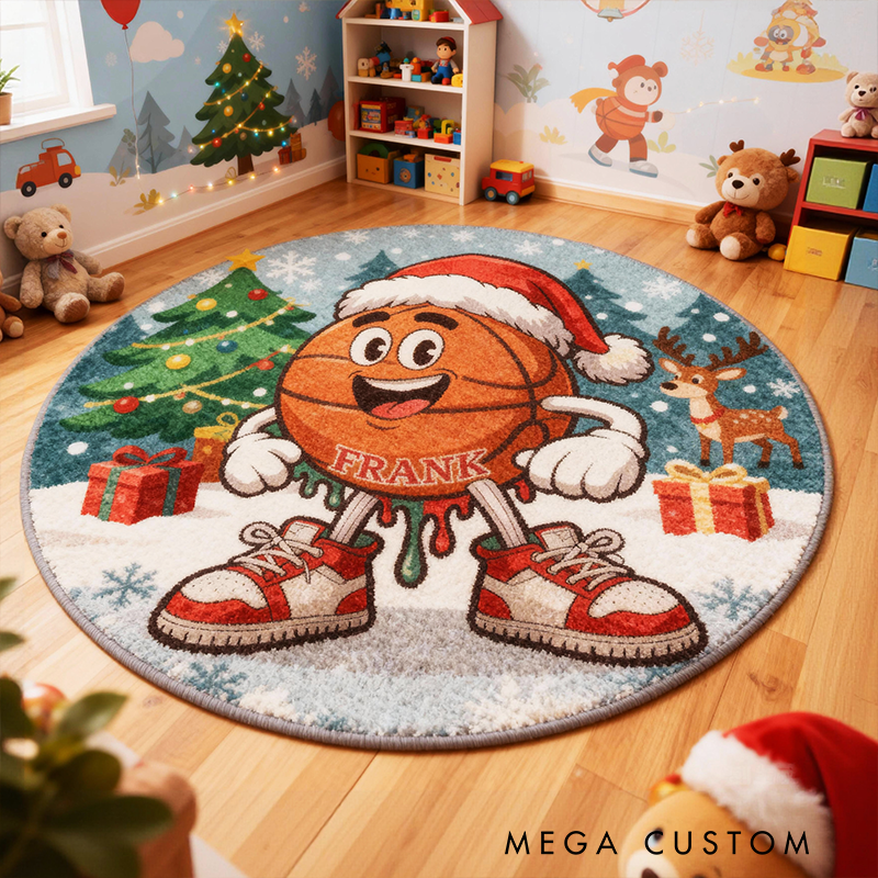 Personalized Christmas Basketball Rug with Custom Name and Festive Design