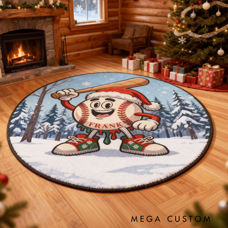 Personalized Christmas Baseball Rug with Custom Name and Festive Design