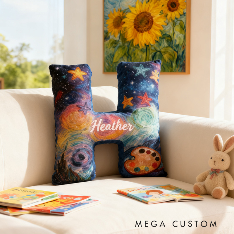 Personalized Graphic 3D Print Van Gogh Inspired Starry Night Alphabet Shaped Pillow for Art Lovers Initial Pillow Christmas Gift for Kids