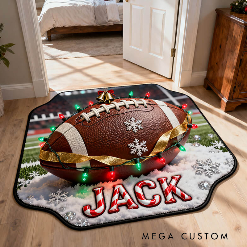 Personalized Football Christmas Rug with Custom Name and Festive Design