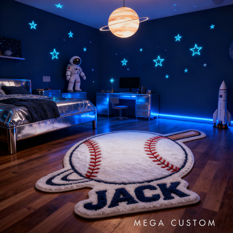 Personalized Home Run Baseball Rug with Custom Name and Bat Design for Sports Fans
