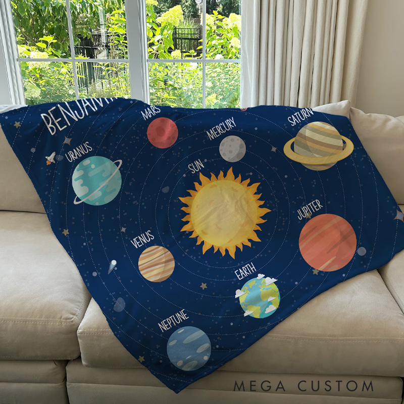 Personalized Solar System Blanket Custom Name Minky Fleece Blanket Kid Planet Blanket