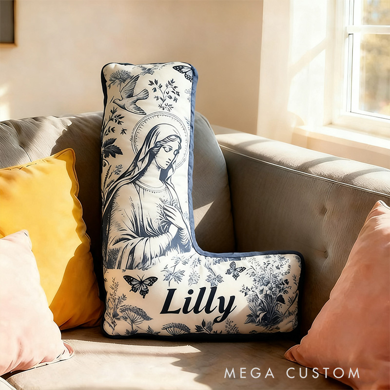 Personalized Catholic Virgin Mary Toile Letter Pillow with Name Home Decor Our Lady Pillow Vintage Floral Marian Pillow Christian Gift for Women