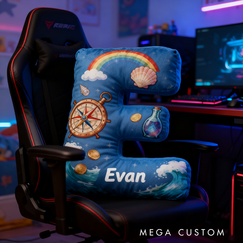 Personalized Nautical Adventure Pillow with Compass Waves Rainbow Shells Gold Coins and Magic Bottle Design Graphic 3D Print Pillow