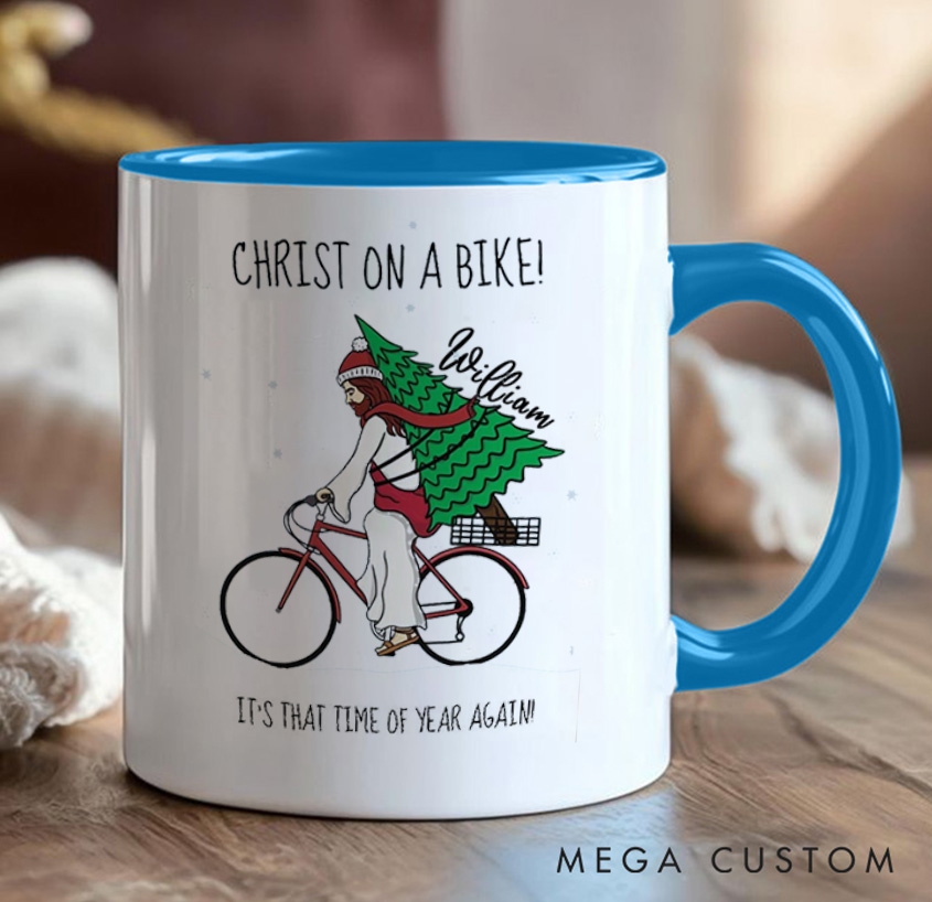 Personalized Christ on A Bike Coffee Mug Funny Bicycle Gift Lover Christmas Bicycles Mug Cyclist Gift Mountain Biker Gift Cycling Bike Gift Bicyclist Mug Colour Options Available