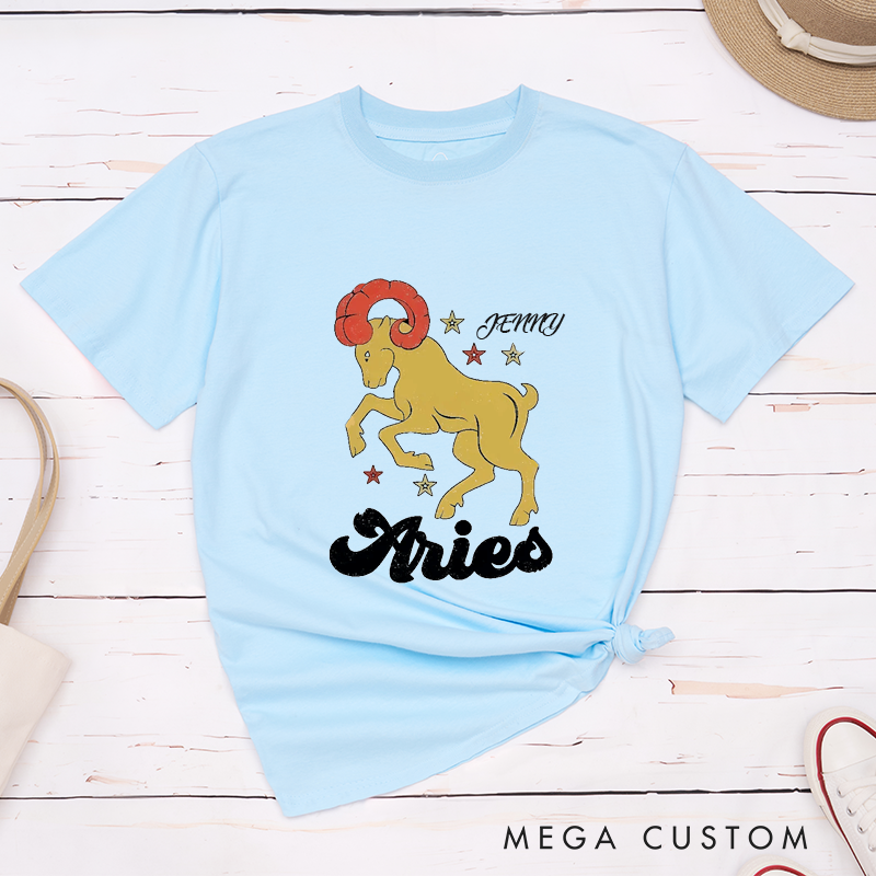 Personalized Classic T-Shirt Aries Zodiac Ram Custom Name Astrology Birthday Gift for Horoscope Lovers