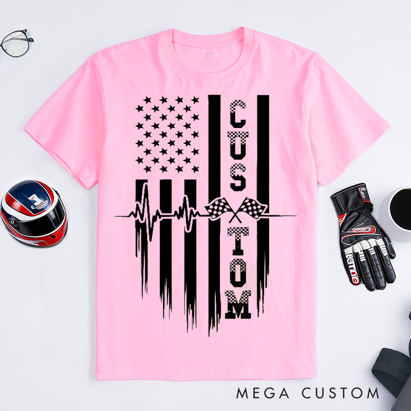 Personalized Racing T Shirt Custom Text Heartbeat Checkered Flag American Flag Tee for Racing and Car Lovers
