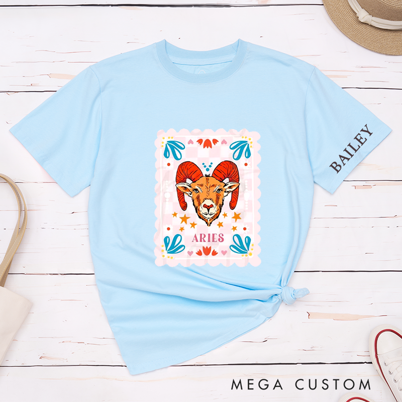 Personalized Classic T-Shirt Aries Zodiac Ram Custom Name Unisex Gift for Astrology Enthusiasts Birthday Present Unique Horoscope Tee 