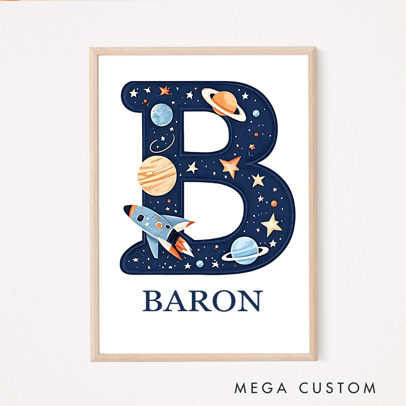 Personalised Watercolor Space Alphabet Poster Wall Art Space Poster Alphabet Children's Room Decorations Gift for Kid Space Enthusiasts Poster