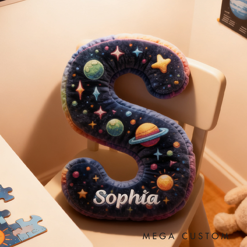 Personalized Neon Space Alphabet Pillow Galaxy Letters Pillow Galaxy Astronaut Rocket Planet Pillow Gifts for Kid Science Fiction Fans