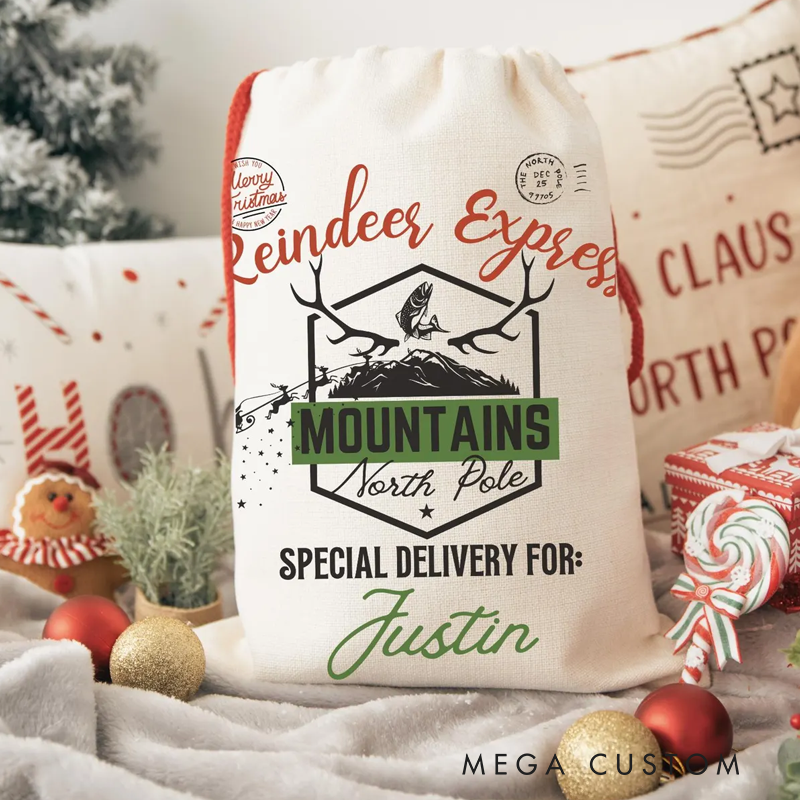 Personalised Mountain Fishing Christmas Sack Christmas Camping Sack Christmas Sack Gift for Men Camp Deer Hunting Lover
