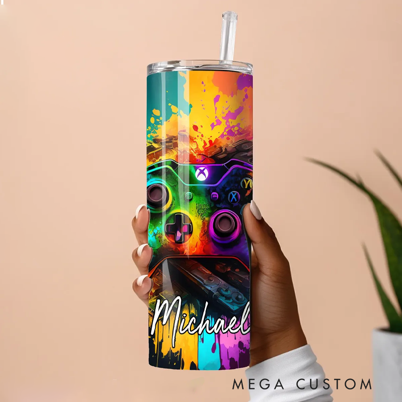 Personalized Gaming Tumbler Cup Custom Gamer Tumbler for Gamers Neon Gamer Cup Mug Gaming Gifts for Him Her Boys Boyfriend Kids