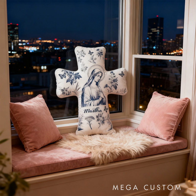 Personalized Catholic Virgin Mary Toile Cross Pillow with Custom Name Home Decor Our Lady Pillow Vintage Floral Marian Pillow Christian Gift for Women