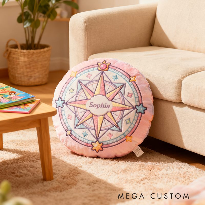 Personalized Round Pink Christmas gift Pillow with Star Compass Pastel Colors Magical Design and Cute Decorative Elements Graphic 3D Print Pillow