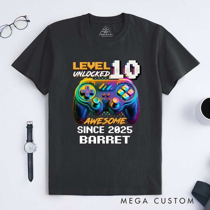 Personalized Level 10 Unlocked Shirt Funny Video Game Gamer T-Shirt for Teenager Boys and Girls Gift for Game Geek