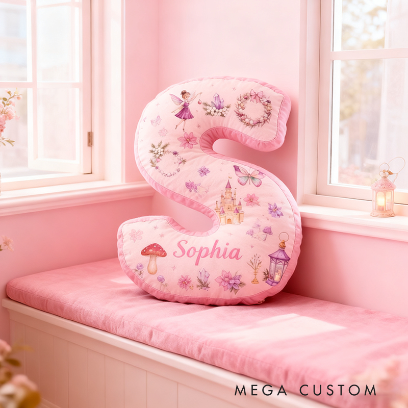 Personalized 26 Letters Pillow with Castles Butterflies Flowers Snow Globes Lanterns and Whimsical Pastel Fairy Tale Design Graphic 3D Print Pillow