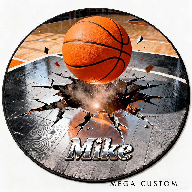 Personalized Basketball Rug with Cracked Court Design Dynamic 3D Effects and Custom Name