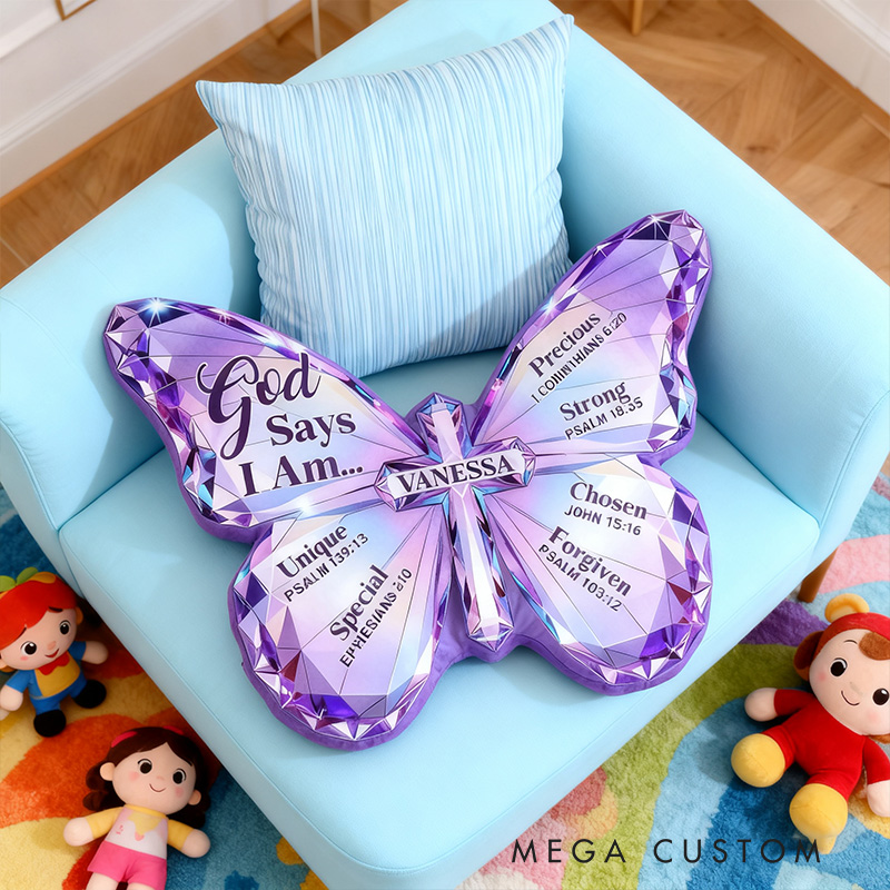 Personalized Butterfly of Grace God Says I am Pillow with Custom Name Kid Room Decor Purple Butterfly Pillow Religious Gift for Kid Affirmation Gift