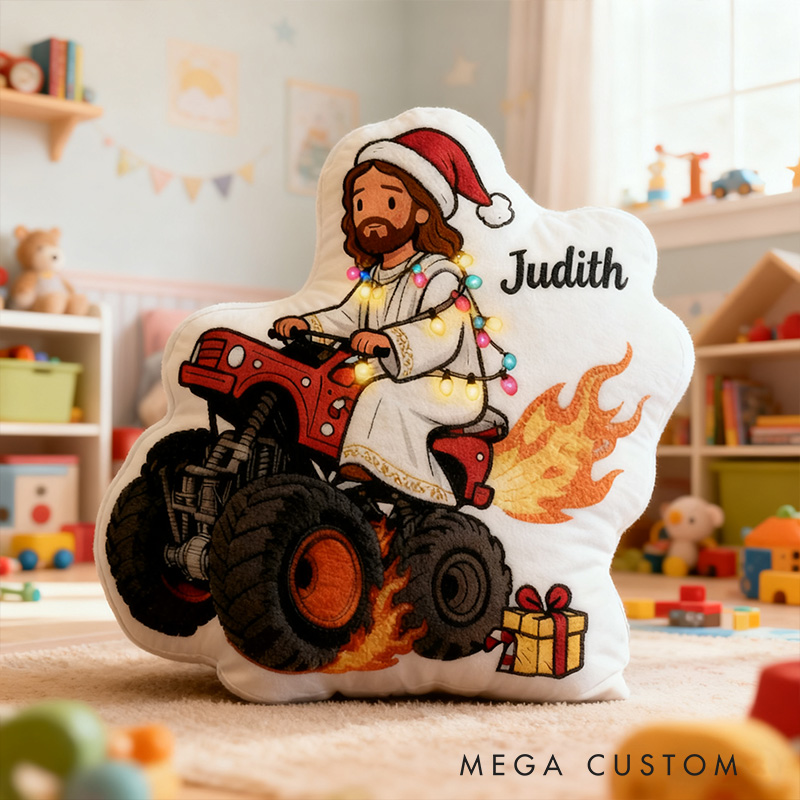 Personalized Funny Jesus Riding Truck Christmas Pillow with Custom Name Kid Room Decor Sarcastic Religious Gift for Kids Graphic 3D Print Pillow