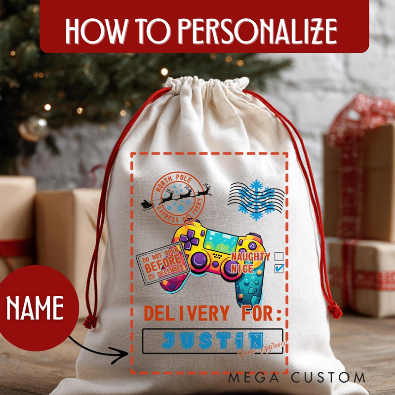 Personalized Gaming Bag Canvas Gift Bags Custom Santa Sack Christmas Eve Santa Delivery Drawstring Bag for Kids Christmas Gifts Game Lover
