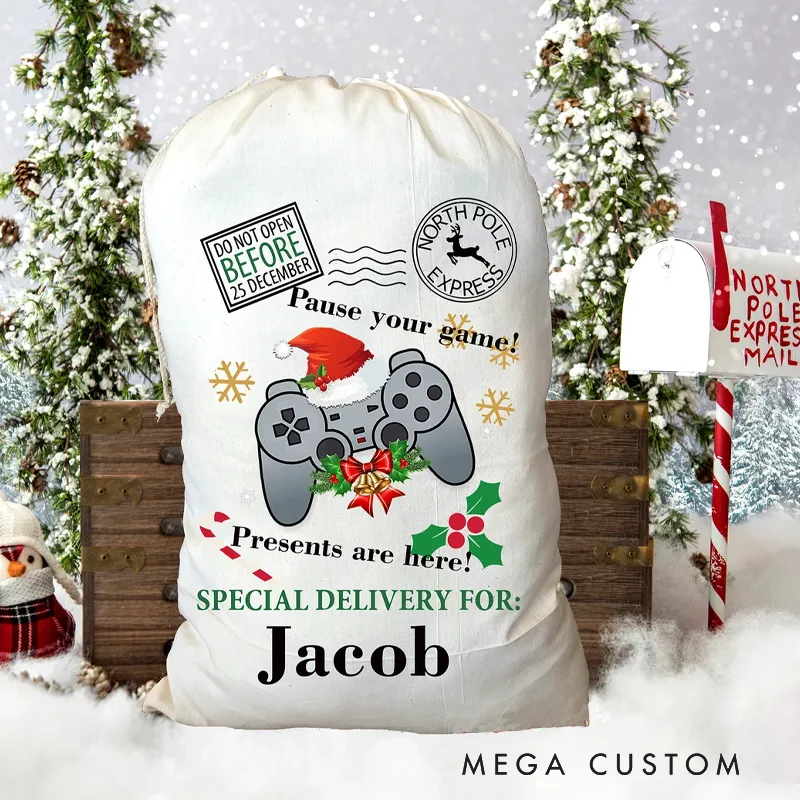 Personalized Christmas Santa Sack Kid Family Children Bag Toys Gamer Pause Your Game Christmas Gifts Game Lover