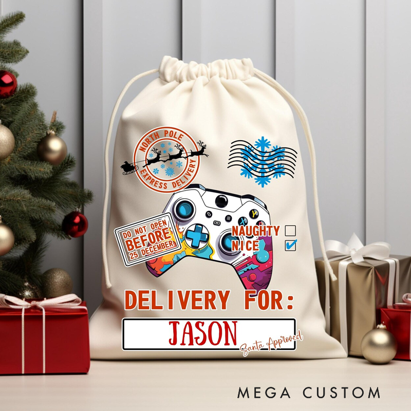 Personalized Gamer Christmas Sack Custom Name Santa Gift Bag North Pole Delivery Video Game Controller Santa Sack for Kids & Teens