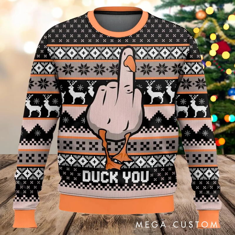 Personalized Duck You Ugly Christmas Sweater Funny Goose Middle Finger Holiday Ugly Christmas Sweater Sarcastic Ugly Sweater Xmas Gift for Geek