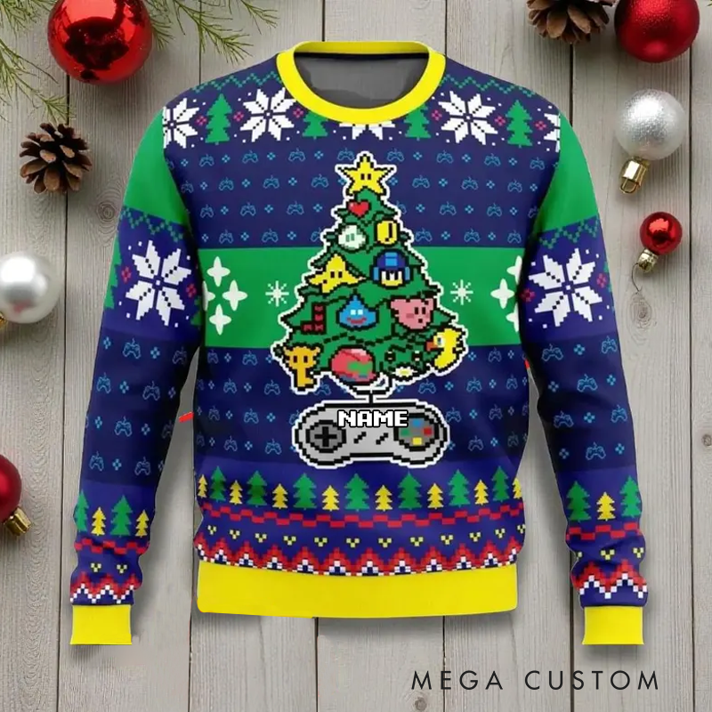 Personalized Retro Gamer Ugly Christmas Sweater Pixel-Art Console Controller Xmas Tree Jumper Xmas Gift for Game Geek Lover