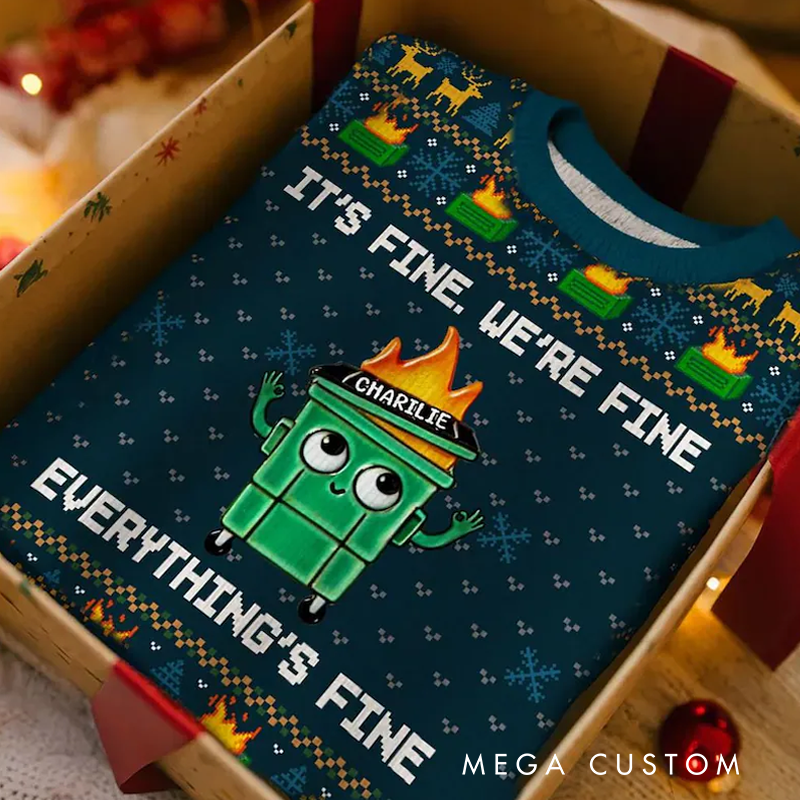 Personalized I'm Fine Everything Is Fine Dumpster Fire Funny Office Staff Ugly Christmas Sweater Holiday Jumper Funny Xmas Party Top for Geek Lover