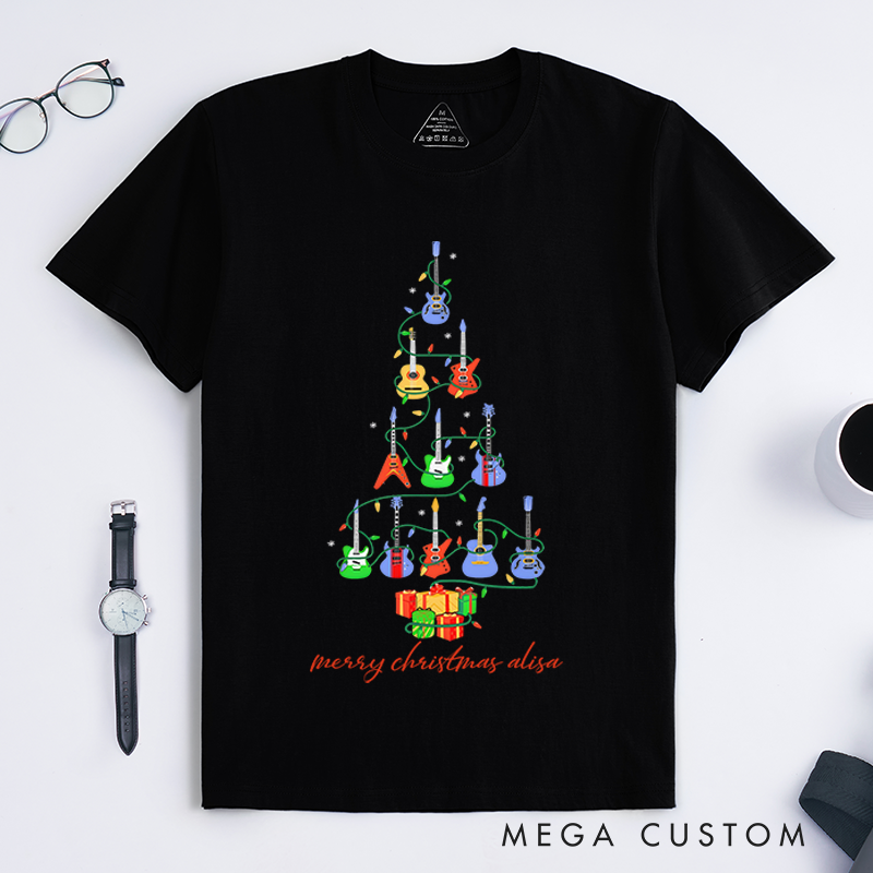 Personalized Classic T-Shirts Christmas Guitar Tree for Men and Women and Tee Guitar Musician Gift Top Music Ukulele Tree Shirt Christmas Gift