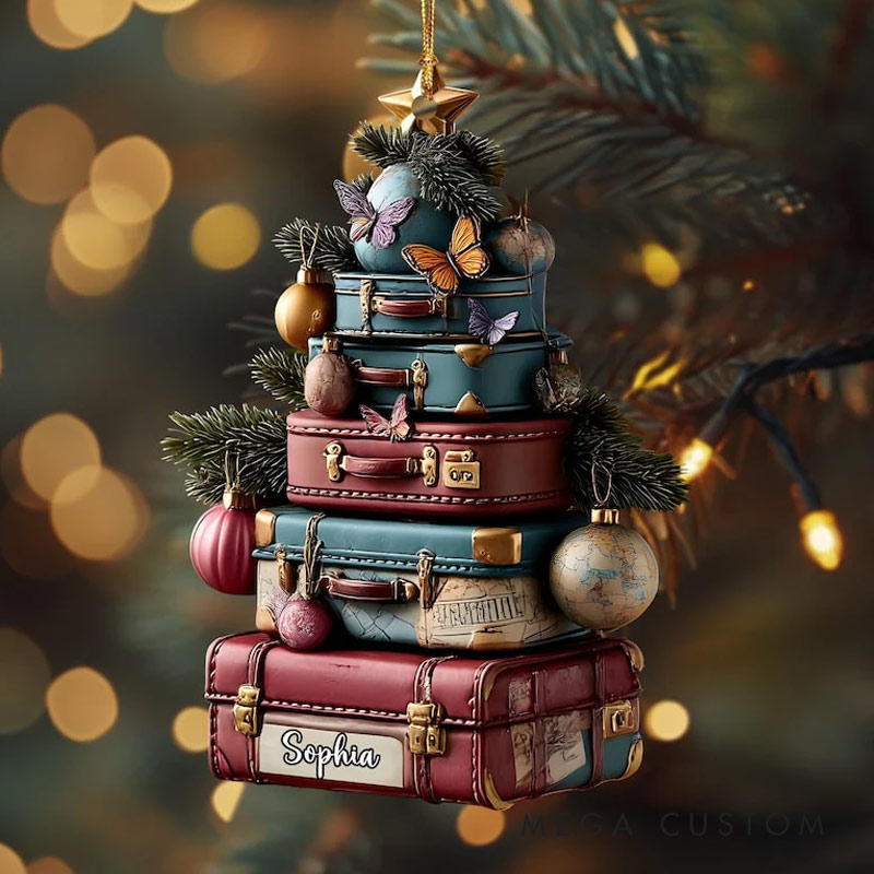 Personalized Travel Suitcase Ornament Acrylic Or Wood Christmas Tree Decor Wanderlust Luggage Stack Gifts for Travel Lovers 