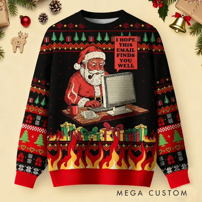 Personalized Funny Office Ugly Christmas Sweater Santa at Computer Meme Sweater Work Humor Jumper Christmas Gift for Geek