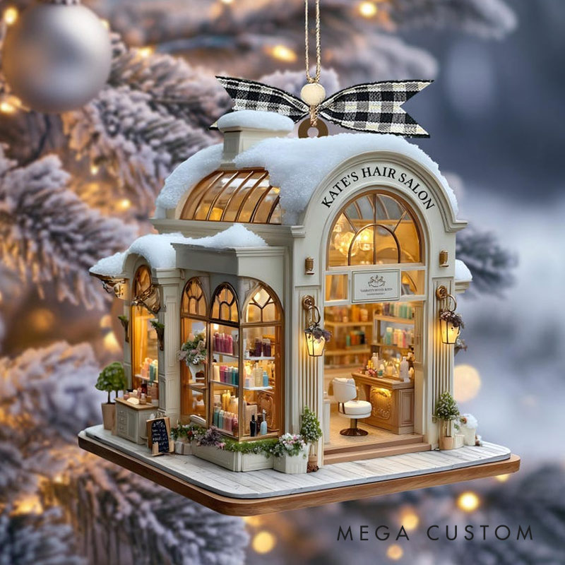 Personalized Hair Salon Stylist Shop with Snowy Roof & Lights Custom Name Year Gift for Her for Him